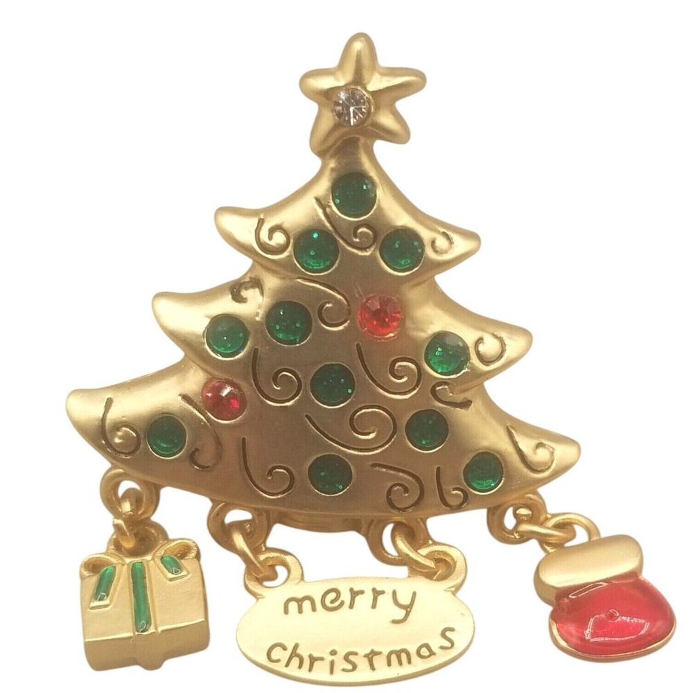 Christmas Tree Brooch Dangling Charms Gold Tone Holiday Pin Present Stocking